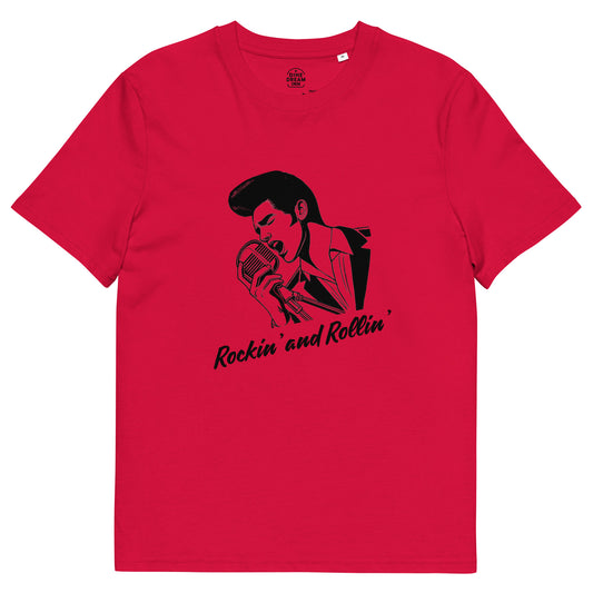 Unisex organic cotton t-shirt - 50s rockabilly singer - red / white